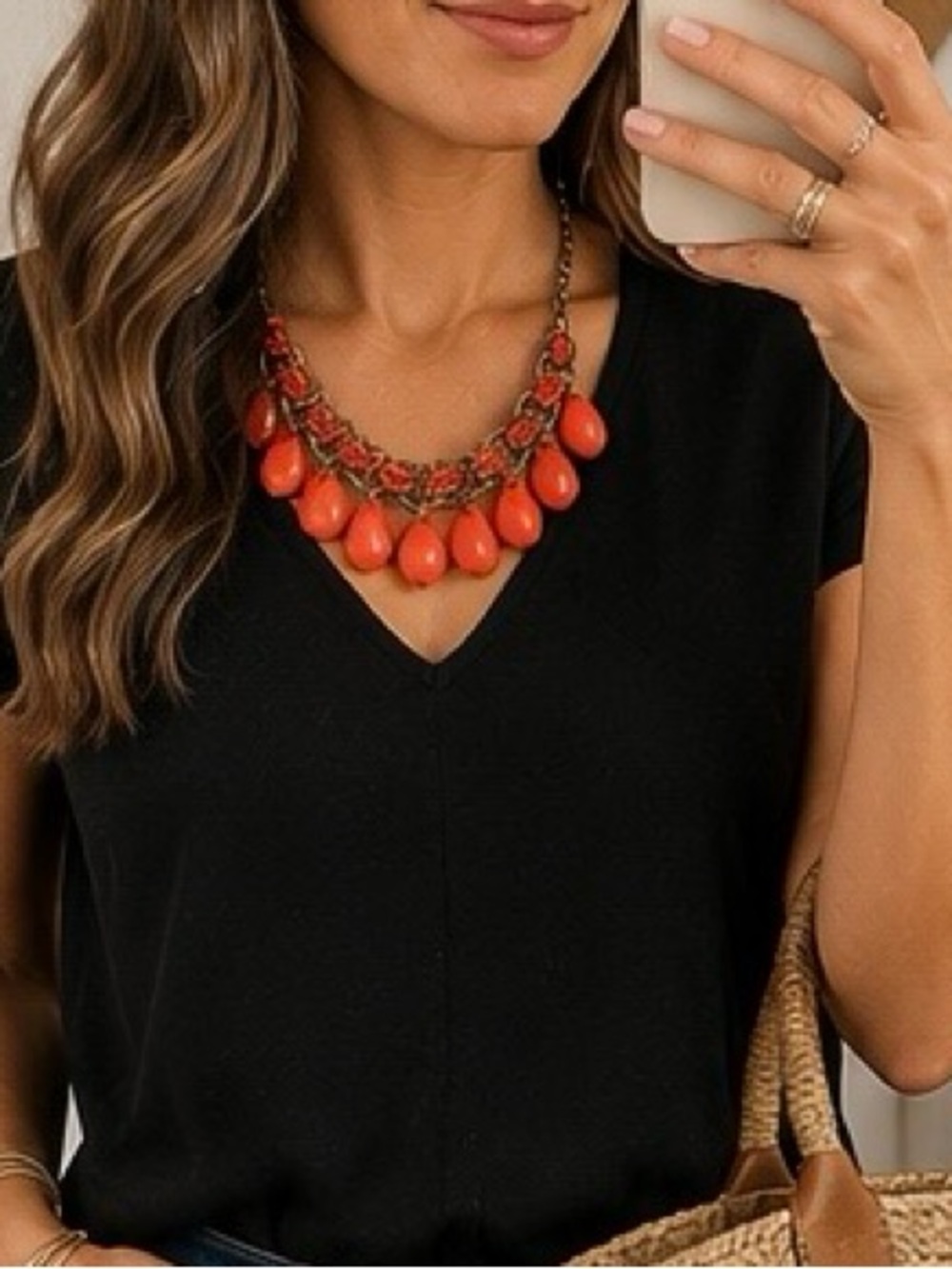 Coral Red Teardrop Statement Necklace - Bold Rope & Gold-Tone Design